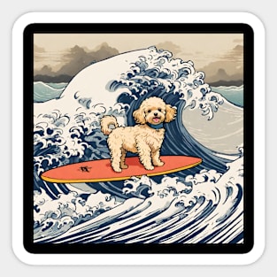 Funny Mini Goldendoodle Dog Mom in the Great Wave Surfing Sticker